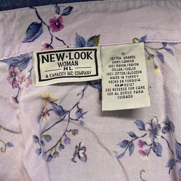 New Look Floral Denim Collar Button Up Shirt (Size: 1X, Color: Lavender/Blue) - Picture 3 of 3